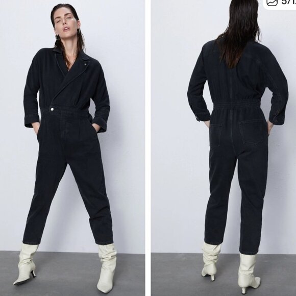Zara Black Denim Lyocell Cotton Jumpsuit Long Sleeve Utility Boiler Suit Size XS - Picture 1 of 14